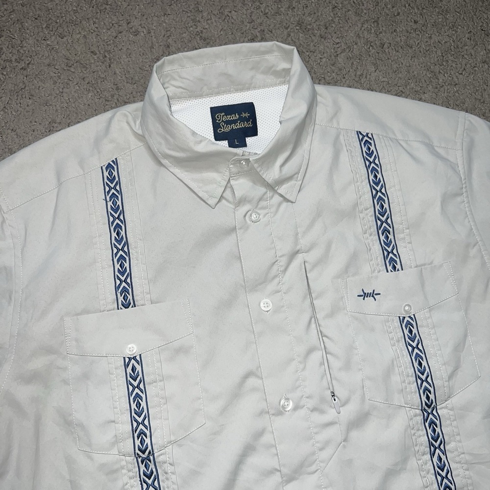 Texas Standard Guayabera Shirt White Gray Performance Mens Large Prickly Pear